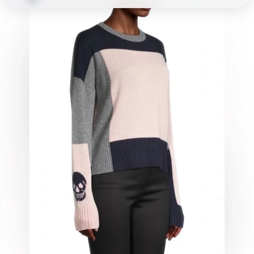 Skull Cashmere Graphic Colorblock Crewneck Cashmere Sweater Pink Navy Gray XS
